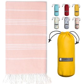 BAY LAUREL Turkish Beach Towel with Travel Bag 39 x 71 Quick Dry Sand Free Lightweight Large Oversized Towels Light (Powder with Yellow Bag)
