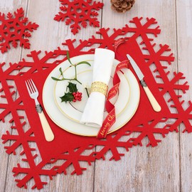 Christmas Placemats, EBANKU 8PCS Christmas Table Runner, Table Mat and Cup Mats, Red Snowflake Design Set for Christmas Party, Family Dinners, Party Decoration