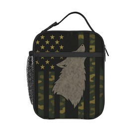PrelerDIY Camo Wolf American Flag Lunch Box - Insulated Lunch Bags for Boys/Girls/Women/Men Detachable Handle Lunchbox Meal Tote Bag