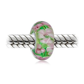 Murano Glass .925 Sterling Silver Core Floral Green Pink Tropical Flower Spacer Charm Bead Fits European Bracelet For Women Teen