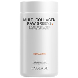 Codeage Multi Collagen Protein + Organic Raw Greens Superfood Capsules Supplement, 21 Fruits & Veggies, Grass-Fed Hydrolyzed Collagen Peptides, 5 Types All-in-One, 180 Count