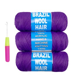 3 Roll Brazilian Wool Hair for Senegalese Twisting Crochet Hair for Soft Faux Locs Crochet Braids Knitting Hair Twist Goddess Locs Crochet Hair for Black Women(Purple#, 3Roll)