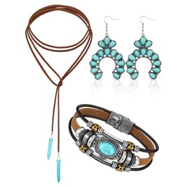 Inbagi 3 Pcs Western Jewelry for Women Bohemian Set, Boho Pendant Long Choker, Faux Leather Layered Bracelet, Dangle Earrings(Classic Style)