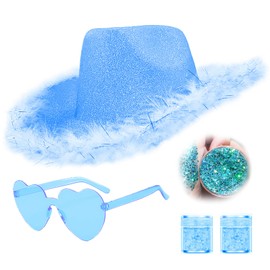 Glitter Cowgirl Hat with Heart Sunglasses Body Glitter Face Glitter Cowboy Hat for Women Men Music Festival Party (Blue, One Size)
