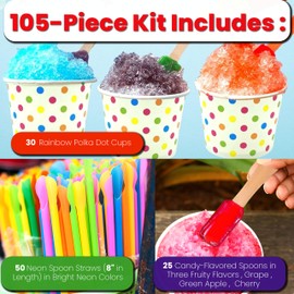 105 Piece Multi-Colored Snow Cone/Shaved Ice Kit - Includes 25 Rainbow Polka Dot Cups, 25 Candy Spoons, and 50 Neon Straws - Perfect for Birthdays, Sporting Events, Concerts, Festivals