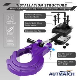 AUTMATCH Winch Hook 3/8" - Clevis Slip Hook with Safety Latch & Winch Cable Hook Stopper, Grade 70 Forged Steel Max 39,600Lbs Work for Winch Rope, ATV, UTV, Off Road Vehicle, Purple