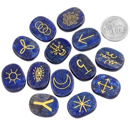 mookaitedecor 13pcs Lapis Lazuli Witches Runes Set, Reiki Stones Engraved Gypsy Symbol, Healing Crystal Palm Stone for Meditation Divination Spiritual Wiccan Gifts Witchcraft Altar Decor