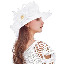 Z&X Organza Church Fascinator Wedding Tea Party Derby Hats for Women Flower Wide Brim Sun Hat White