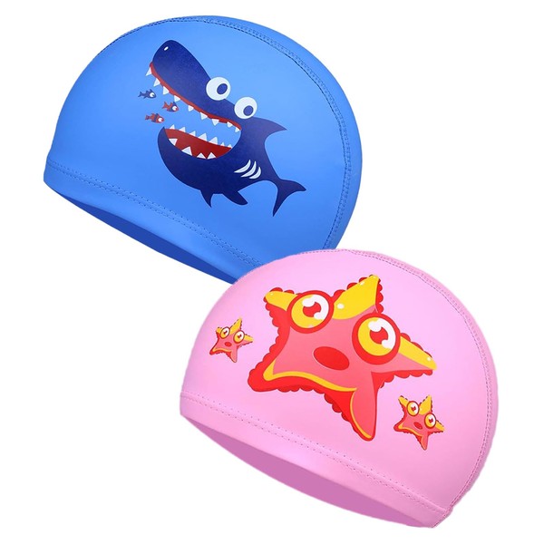 FOUNSHO 2 Pieces Kids Swimming Cap, Stretchy Swim Cap for