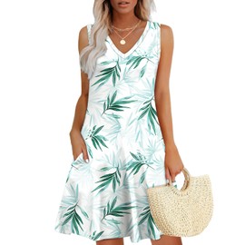 WIHOLL Beach Dresses for Women 2025 Flowy V Neck Swing Cute Dress Sundresses with Pockets Green Leaves S