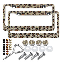2PCS Bling License Plate Frames, Leopard License Plate Tag Cover, Sparkly Rhinestone Car Decoration Accessories, Stainless Steel License Plate Holder for Women (Leopard)