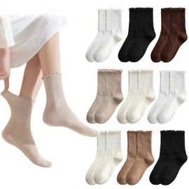 Pddenality 9 Pairs frilly socks Cute Womens Ruffle Socks, Ankle High Cotton Frilly Socks Turn Cuff Lettuce Edge Ankle Crew Socks for Women