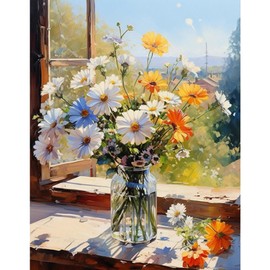eGoodn Spring Flower Diamond Painting Kit for Adults 16x20 Inches / 40x50cm Daisy Flower Vase by Window Diamond Art Beginner Kit DIY Crafts Gem Painting Full Round Drill