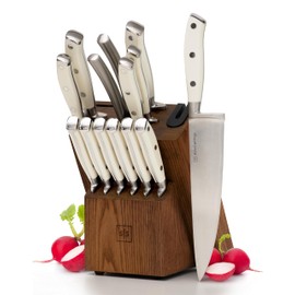 White Knife Set with Block – 14-Piece Forged Stainless Steel Knives with Triple Rivet Handles, Heavy-Duty Kitchen Shears, and Self-Sharpening Knife Block – Durable White Kitchen Accessories