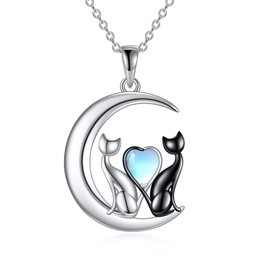 YAFEINI Cat Necklace for Women 925 Sterling Silver Moon Cat Pendant Necklace for Girls Moonstone Cat Jewellery Gift, Sterling Silver, Moonstone