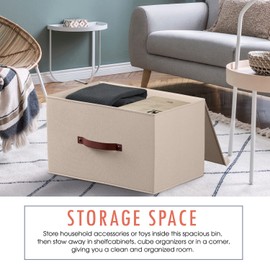 Ornavo Home 6 Pack Collapsible Storage Bins with Lid, Foldable Linen Fabric Shelf Storage Basket Closet Organizer and Large Storage Box for Clothes with Leather Handles, 16.5 x 11.8 x 7.5, Beige