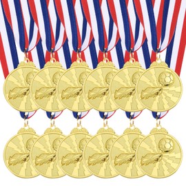 sourcing map Soccer Medals 2 Inch, Gold Award Medals with Neck Ribbon for Team Sports Games Competitions Party Favors 12 Pieces