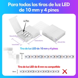 10 Piezas Conector LED 4 Pines en Forma L para Extensión del Adaptador de Tira LED, sin Soldadura Cables, sin Necesidad Cable, 10mm de Ancho