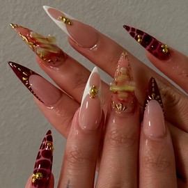 Extra Long Stiletto Press on Burgundy French Tip Fake Nails with Design 3D Drip Gel Glue on False Nails Pearl Charm Wine Red Acrylic Nails Artificial Full Cover Nail Art Stick for Women 24 Pcs