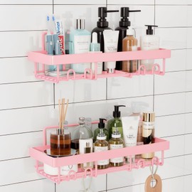 WwuHua Shower Shelf, No Drilling, Pack of 2 Shower Shelves, Shower Shelf for Hanging with 4 Hooks, Shampoo Holder for Shower, Bathroom Organiser for Shampoo and Shower Gel, Pink