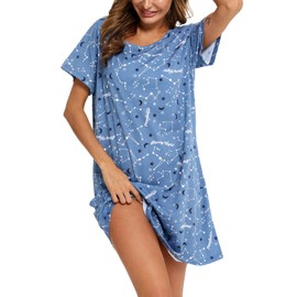 ENJOYNIGHT Nighties for Women Cotton Nightdress Sleep Tee Short Sleeves Print Nightshirt Soft Sleepwear Loungewear (XX-Large,Blue Star)