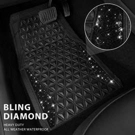 CAR PASS Bling Diamond Car Mats Rubber Floor Mats Full Set Anti-Slip 3D Rhombus Waterproof Trim to Fit Liner Universal Glitter Crystal Sparkly Shining Rhinestone Girl Women SUV Sedan, Black Diamond