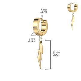 316L Stainless Steel Lightning Bolt Dangling Huggie Hinged Hoop Earrings, Sold as a Pair, Stainless Steel, No Gemstone