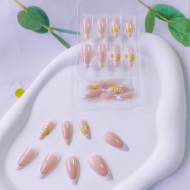 Flower Yellow Press on Nails Medium Almond White Yellow French Tip False Nails Spring Fake Nails with Floral Designs Glossy Acrylic Nails Full Cover Glue on Nails Daisy Stick on Nails for Women 24Pcs