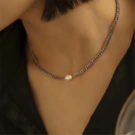 TseenYi Boho Pearl Choker Necklace Cuban Link Chain Necklace Silver Chunky Chain Choker Necklace Single Pearl Pendant Necklace Vintage Lock Chain Necklace Baroque Pearl Necklace