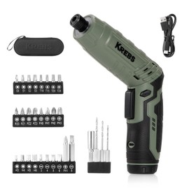 KREBS Power Electric Screwdriver, 4V Max 5Nm Cordless Screwdriver Rechargeable Set with 30pcs bits Accessories Kit, with LED Light Adjustable 2 Position Handles