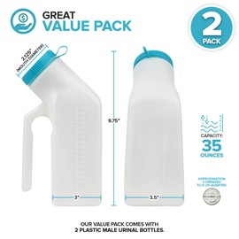 Male Urine Bottles 2 Pack (35 oz), Portable Urinals for Men Spill Proof Nighttime, Pee Bottles for Men with Screw-On Lid, Travel Urinals for Seniors with Easy-to-Read Measurement Lines
