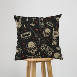 YGGQF Skulls Throw Pillow Cover Rock Roll Punk Guitar Black Bone Party Radio Star Vintage Home Decor Pillowcase Cushion Cover 18x18 Inches