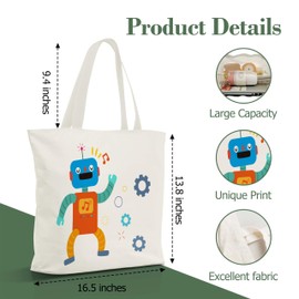 Nuhany Cute Dance Robot Canvas Tote Bag Aesthetic, Reusable Grocery Shopping Bags, Birthday Gifts Shoulder Tote Bag for Robot Lover Women Friends (C02)
