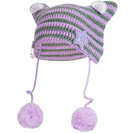 Aobiono Cat Ear Beanie Y2K Hat, Women Girl Emo Crochet Striped Grunge Goth Star Pom Aesthetic Knit Kawaii Alt Cute Slouchy Skull Cap (Purple Green)