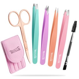 TsMADDTs Juego de 6 pinzas para mujer, pinzas para cejas con tijeras curvadas para cabello encarnado, herramientas de belleza diarias con estuche de v