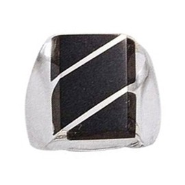 Men's Sterling Silver Striped Cut Rectangular Black Obsidian Ring Size 9