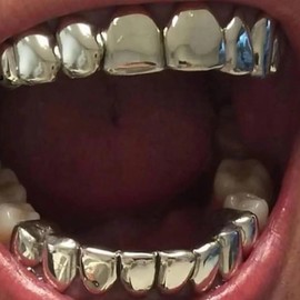 18K Gold Plated Hip Hop Teeth Grillz for Your Teeth Iced out 8 Top Teeth 8 Bottom Tooth Grillz For Men Women Rapper Costume Cosplay Extra Molding Bars (Silver Set)