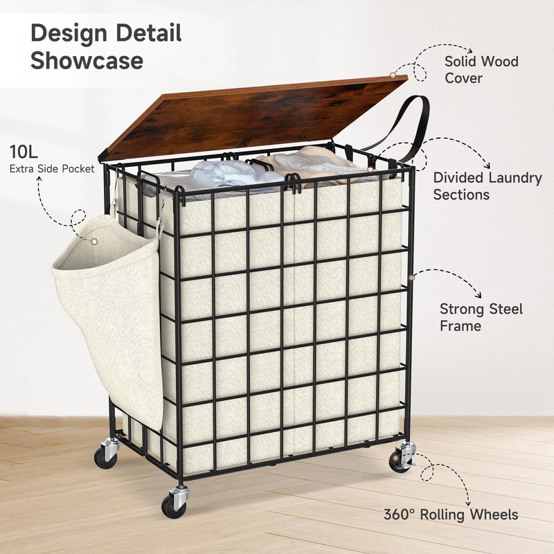 DXIGUSO Laundry Basket with Wheels, Heavy Duty Laundry Sorter 2