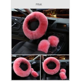 3Pcs Set Womens Winter Fashion Wool Fur Soft Furry Steering Wheel Covers Pink Fluffy Handbrake Cover Gear Shift Cover Fuzz Warm Non-slip Car Decoration Long Hair