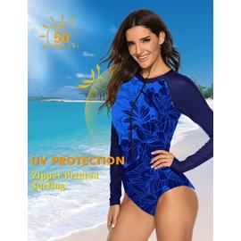 SELINK Women's Long Sleeve Rash Guard UV Protection Zipper Printed Surfing One Piece Swimsuit Bathing Suit Blue Print XXL