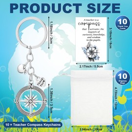 Ferreve 10 Set Christmas Gifts for Teachers Bulk Compass Keychain Teacher Appreciation Keychain with Thank You Cards Organza Bags