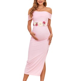 AISWI Maternity Mesh Split Dress Off The Shoulder Ruched Bodycon Pregnancy Dresses Baby Shower Photoshoot, Without Belt, Light Pink, XX-Large