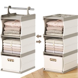 HAIXIN 3-Tier Plastic Hanging Shelf Closet Storage Organizer with 1 Removable Drawer, Sturdy & Foldable Storage Drawer Shelf, Storage Container for Closet, Kitchen, Living Room, Bathroom & Toy Storage