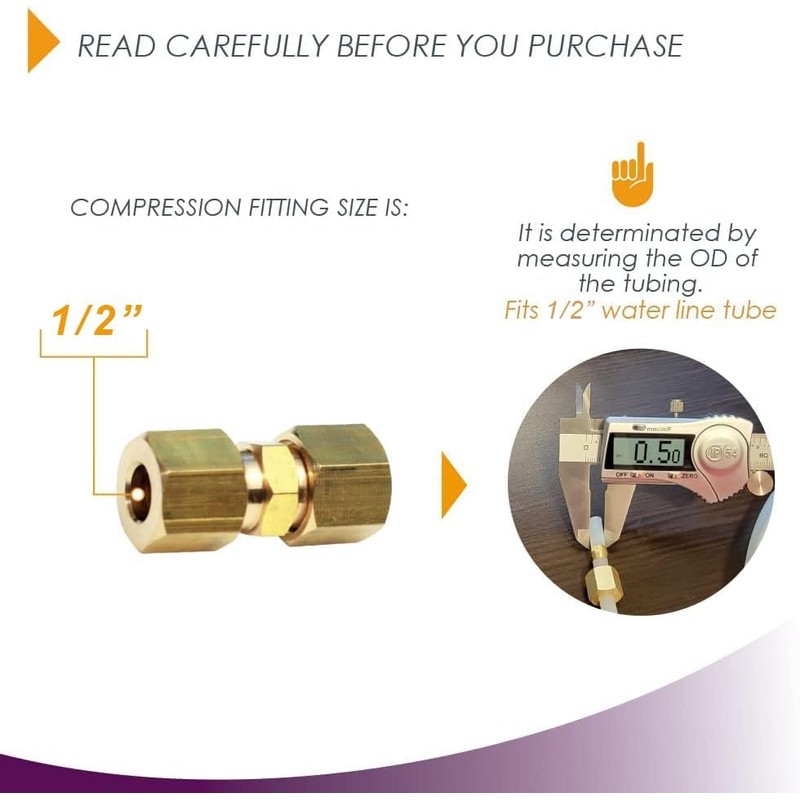 Ice Maker Water Line Brass Compression Tube Fitting, Union, 1/2”