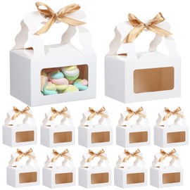 Liobelon 12-Pack Gable Boxes with Ribbon, Food-Grade Treat Bakery Gift Boxes for Party Favors, Birthdays, Weddings, and Holidays (white, small)
