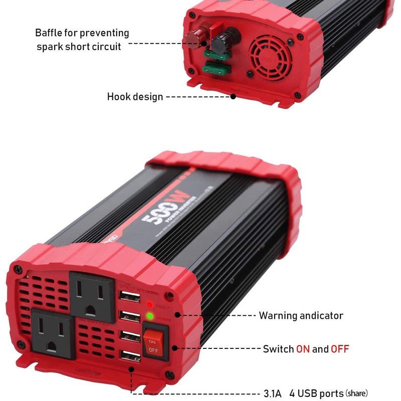 BYGD 500W Car Power Inverter DC 12V to 110V AC
