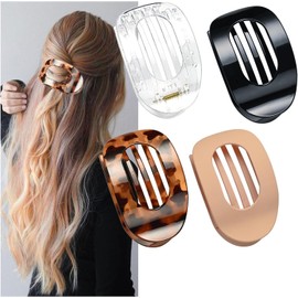 4 PCS Flat Hair Clips,French Concord Flat Claw Clips,Curved Lay Down Round Flat Clips for Women Girls,Strong Hold Hair Barrettes for Thick Thin Hair (Black, white, brown amber, One size)