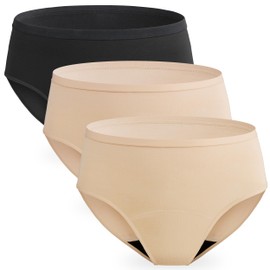 REELINDRY Incontinence Underwear for Women Washable Absorbent Leak Proof Bladder Control Mid Waist Postpartum Panties 3 Pack (1 Black-2 Beige, L)