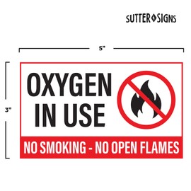 Oxygen in Use No Smoking No Open Flames Stickers, Weatherproof Self Adhesive Vinyl, White/Black/Red, 5" x 3" - Pack of 2