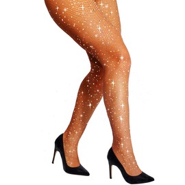 DancMolly Sparkly Rhinestone Fishnet Stockings for Women, Ultra Strong No Snag Fish Net Tights Sexy Rave Party Concert Outfit, 1 Pair Coffee Small Hole M-XL